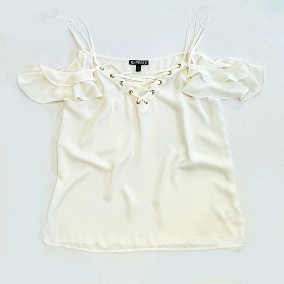 Express flowy chiffon lace up cream ruffle top - Picture 3 of 9